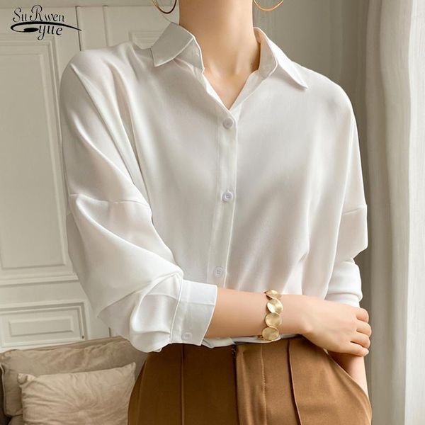 

women's blouses & shirts 2021 plus size solid chic chiffon blouse women multi color casual lapel loose long sleeve elegant white pink