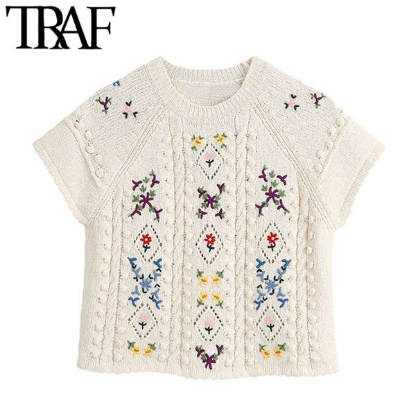 

women fashion floral embroidery cropped knitted sweater vintage o neck short sleeve female pullovers chic 210507, White;black