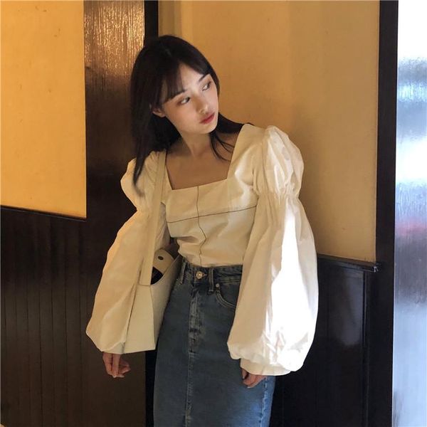 

women's blouses & shirts blusas mujer de moda womens and square collar lantern sleeve lace bow style spring autumn backless ladies, White