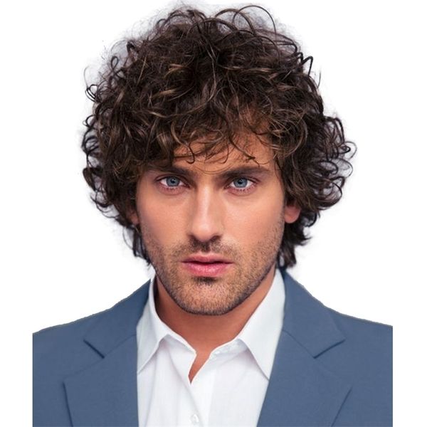 

brown men's head wig small curly wavy wig set rose net high temperature silk formulation, Black