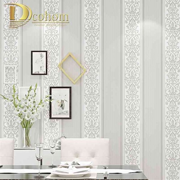 Cinza / Branco / Bege / Rosa Shimmer Damasco Papel de parede listrado para quarto moderno textura de textura em relevo Rolo Decoração de casa 210722