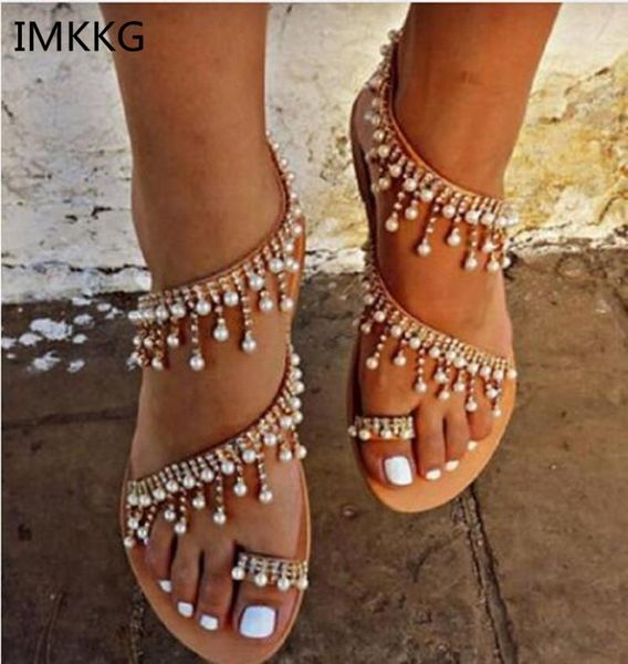 

luxury style rhinestone pearl slip-on women sandals beading fringed lady flats shoes clip-toe flip-flops rome 2021 q580, Black