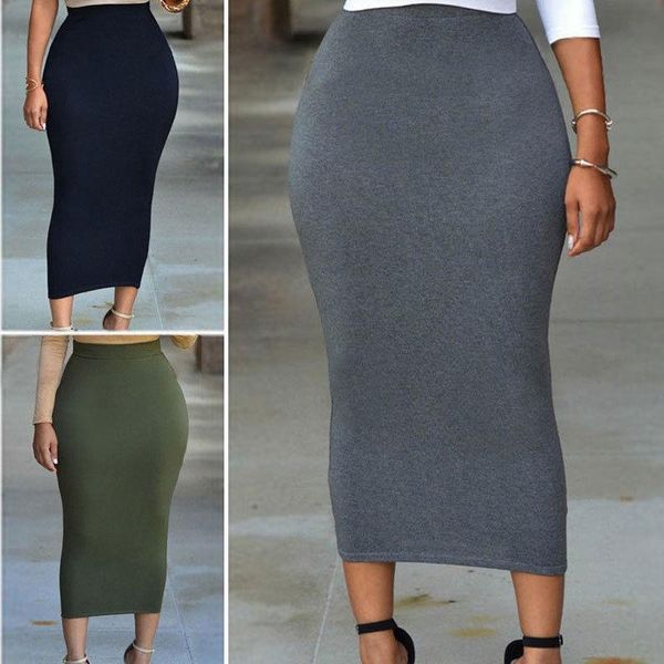 

skirts elastic skirt waist solid bodycon soft long stretch pencil, Black