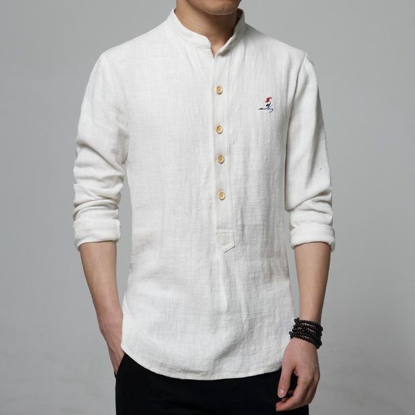

men's casual shirts brand linen long-sleeved shirt 2021 autumn luxury high-quality embroidery solid color male white blue, White;black