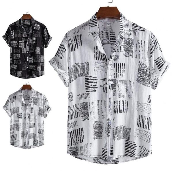 

men's casual shirts fashion short sleeve men shirt turn-down collar soft print loose summer streerwear beach for 2021, White;black