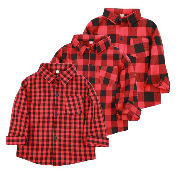 Vermelho Manta Bebê Meninos Camisas Grade Crianças Roupas Clássicas Camiseta Tops Crianças Roupas de Algodão Menino Overshirt Menina Jumper 2-9year 210413