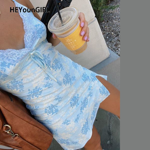 

heyoungirl v neck lace sleeveless mini dress women split summer backless spaghetti strap short dresses ladies printed beach, Black;gray