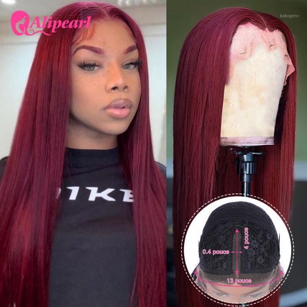 

ali pearl lace part human hair wigs 99j straight front wig for black women pre plucked brazilian 150 180 density1, Black;brown
