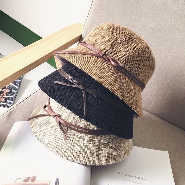 

korean travel bow sun hat fisherman's straw beach folding basin summer, Blue;gray