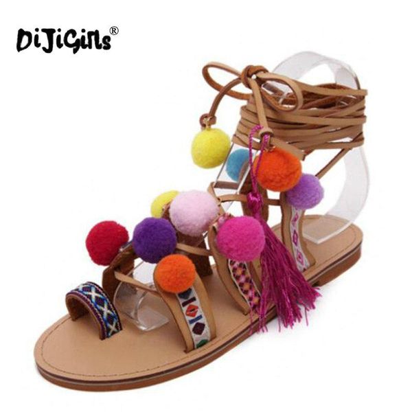 

Dijigirls Summer Colorful Pompones Gladiator Sandals Women Lace Up Knee High Flat Shoes Brown Plus Size 40, Black
