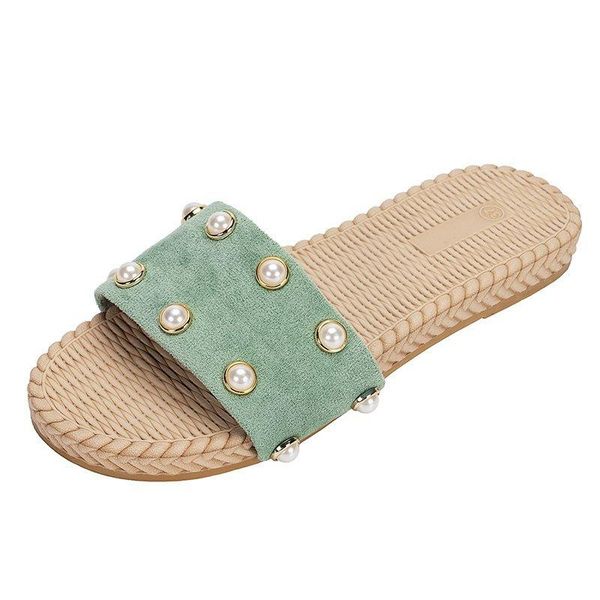 

larged-sized 43 korean design ins 2021 women's flat slippers pearl flock indoor chaussure femme shoes outdoor slides, Black