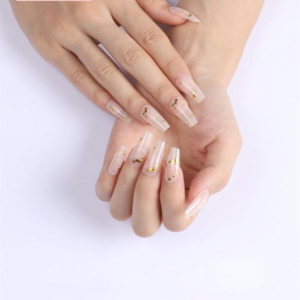 

false nails gold foil translucent coffin presson fingernails ballet creamy white press on fake sm19210537, Red;gold