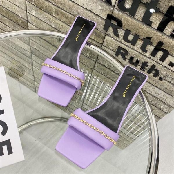 

design gold chain women slipper open toe slip on mules shoes high heels casual slides flip flops beach sandals slippers, Black