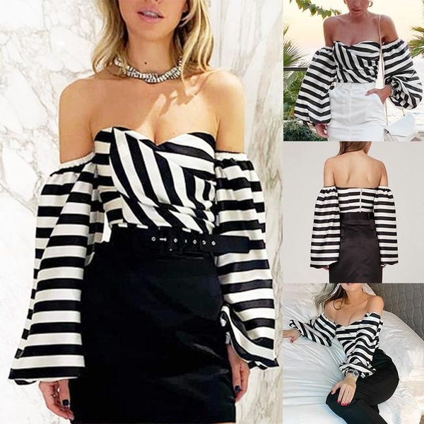 

summer striped print fashionable one-way neck loose long sleeve women's t-shirt, White