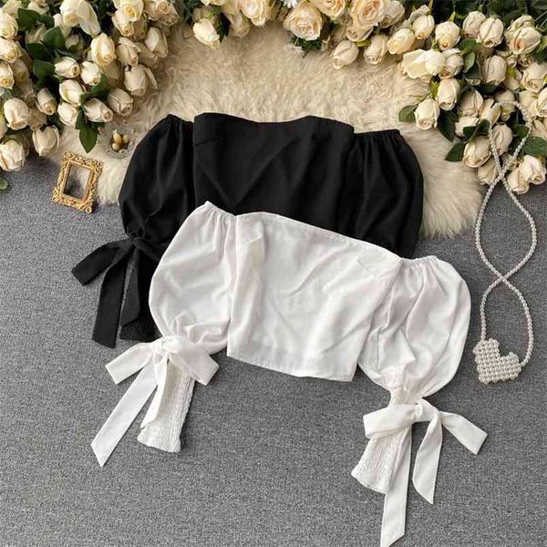 

temperament spring autumn blouse female european american fashion puff sleeve blusa word collar short shirt c266 210507, White