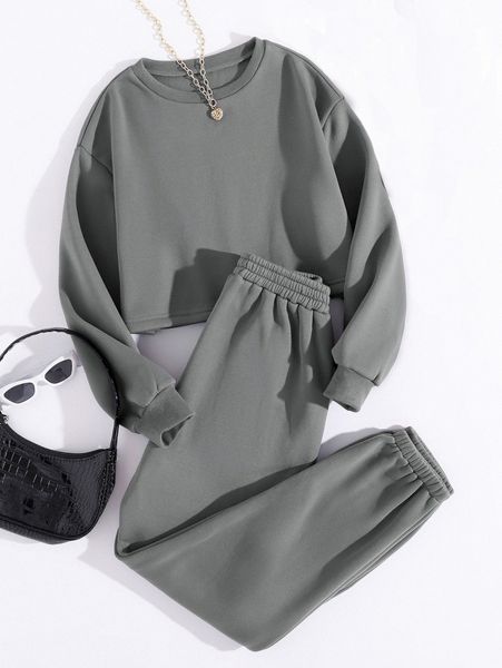 

thermal lined solid sweatshirt with sweatpants c5w7#, White
