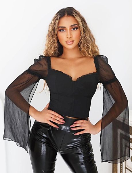 

women's blouses & shirts 2021 fashion solid color long split sleeve tee sheer mesh bell sleeves shirt crop, White