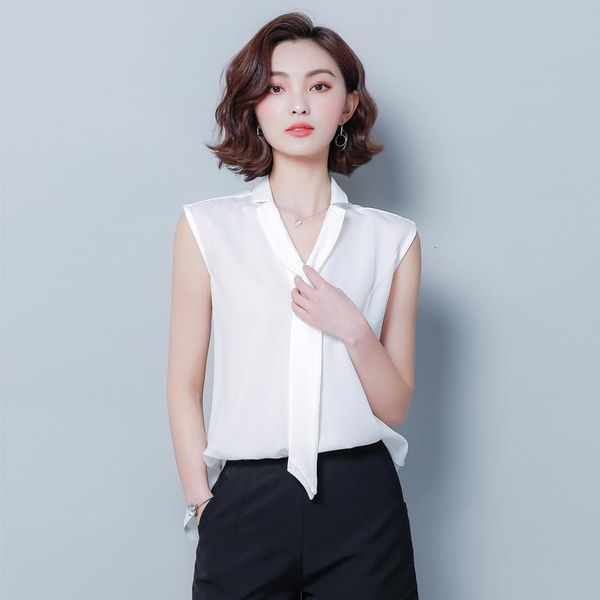 

women's blouses & shirts summer bow v neck office ladies sleeveless chiffon blouse women womens and b424 d420, White