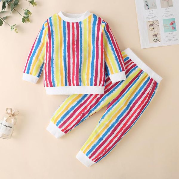 

1-6y spring summer fashion infant baby girls clothes sets rainbow print long sleeve t-shirts +long pants 2pcs clothing, White
