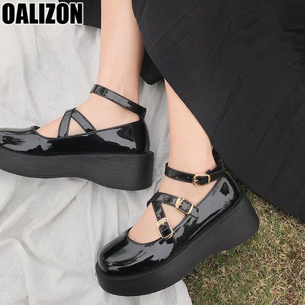 

dress shoes japanese style summer pu leather women round toe lady buckle strap hollow out wedge sandals shallow height increased r174, Black