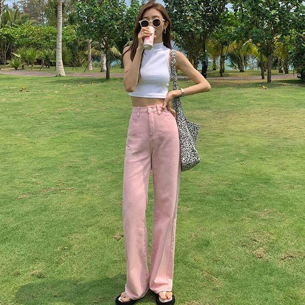 

women's jeans high waist loose comfortable pink for women casual straight pants elegant mom washed boyfriend trousers, Blue