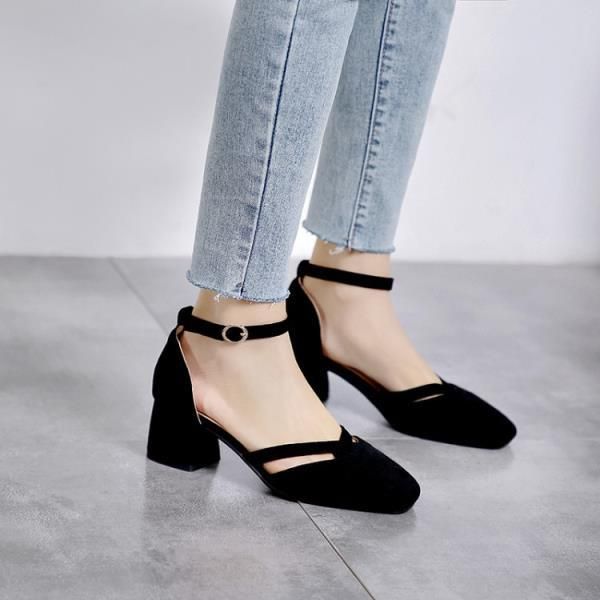 

female sandal fashion 2021 anti-skid shallow mouth round toe block heels 1, Black
