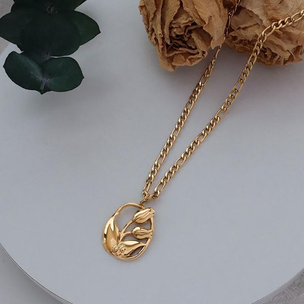 

pendant necklaces tulip flower aesthetic necklace for women chains titanium steel accessories girls collier femme wholesale, Silver