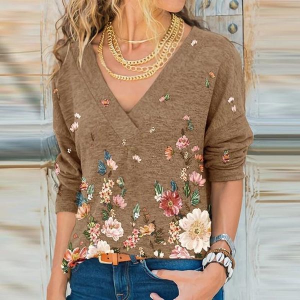 

women's t-shirt spring female deep v neck elegant print fall retro floral long sleeve ladies base women clothing, White