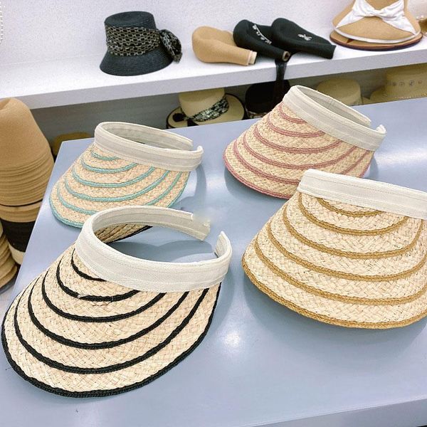 

wide brim hats 2021 summer handmade raffia sun visor striped sport cycling empty beach cap men women casual hat casquette femme ete, Blue;gray