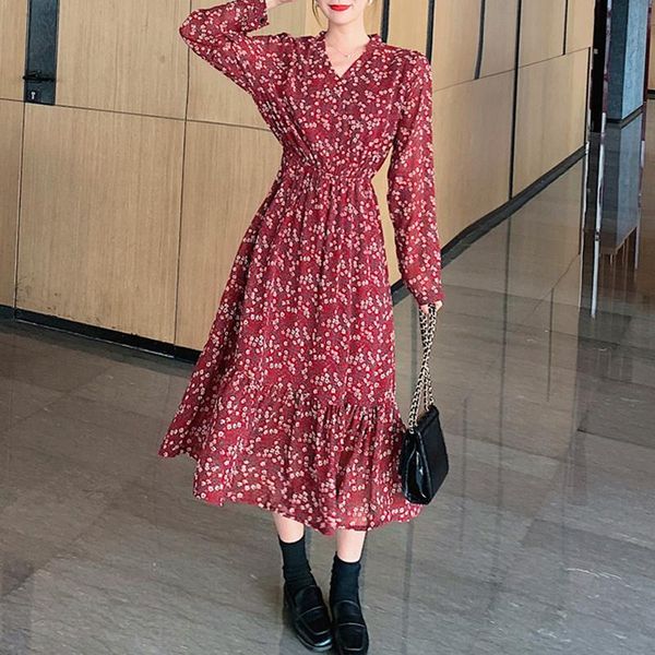 

casual dresses vintage women floral v neck 2021 spring long sleeve ruffle chiffon dress plus size 4xl ladies vestidos femme, Black;gray