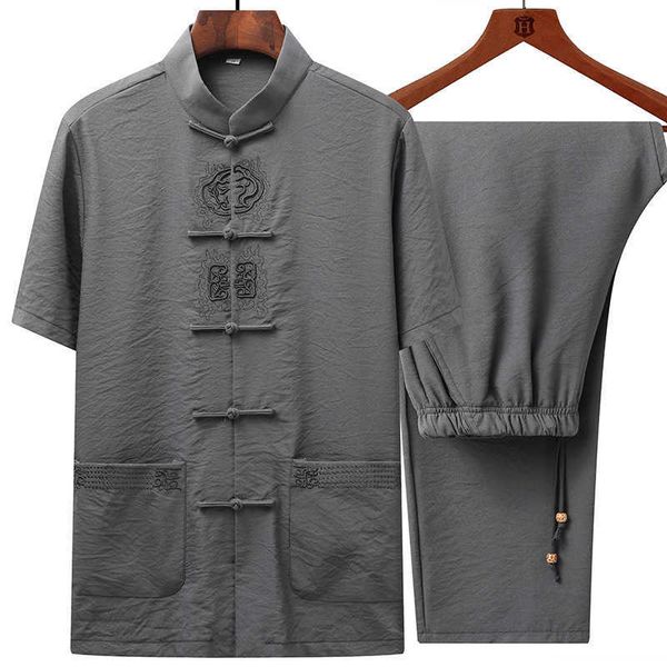 

summer men's shirt linen loose casual suit, Gray