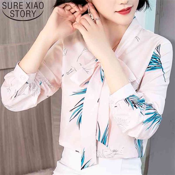 

fashion casual women blouses long sleeve v-neck bow printing clothing elegant s and 5527 50 210506, White