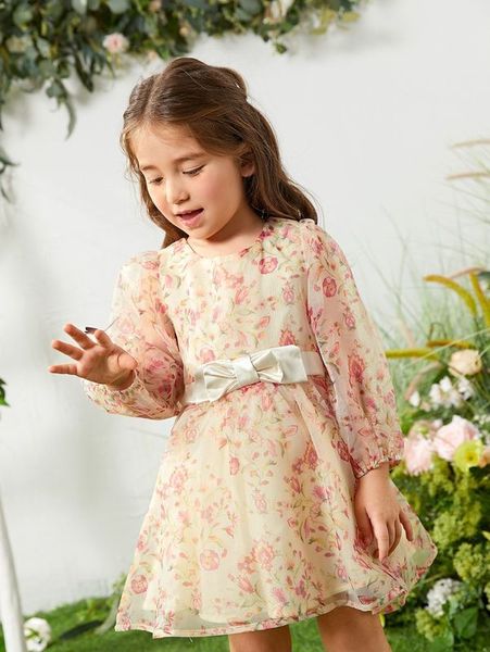 

toddler girls lantern sleeve belted floral print mesh dress she, Red;yellow