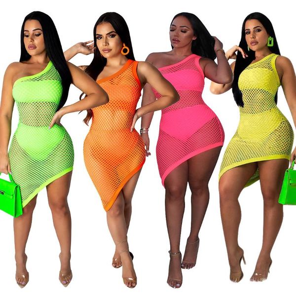 

casual dresses zoctuo solid club dress mesh neon mini 3pcs/set women summer 2021 one-shoulder bodycon ladies, Black;gray