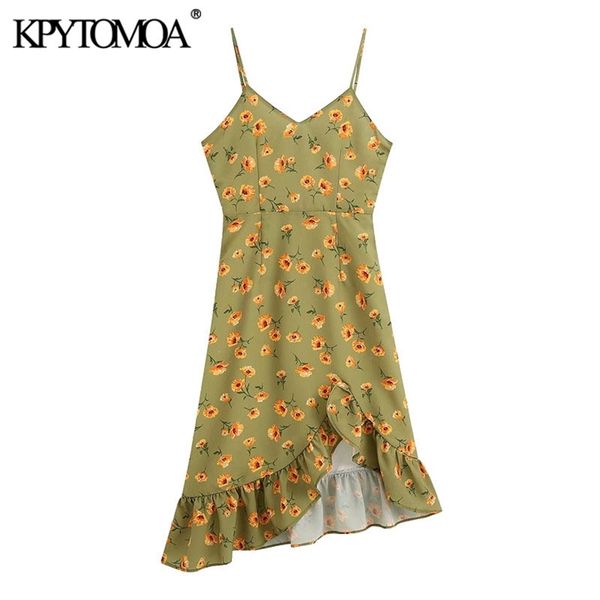 

women chic fashion floral print asymmetrical midi dress vintage backless ruffled spaghetti strap female dresses 210420, Black;gray