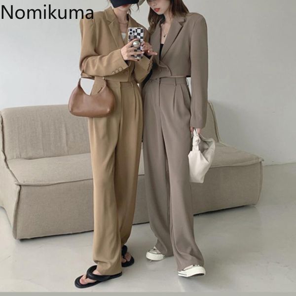 

women's two piece pants nomikuma set women suits long sleeve short blazers high waist solid color korean style vintage chic outfits, White