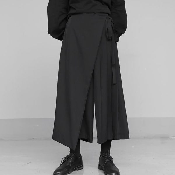 

capri high, black elastic belt plied wide leg division loose pants female fashion adjustment fall tide 2021 1n666, Black;white