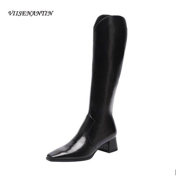 

boots fashion autumn and winter square head cowhide pure color simple side zipper v-mouth thick mid-heel knee-length, Black