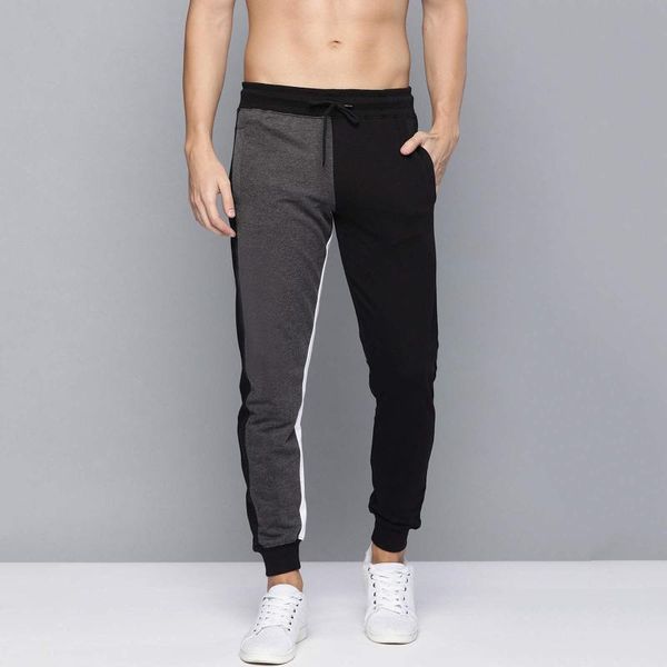 

men's pants casual trousers loose color matching tie rope high street elastic waist sports jogging, Black