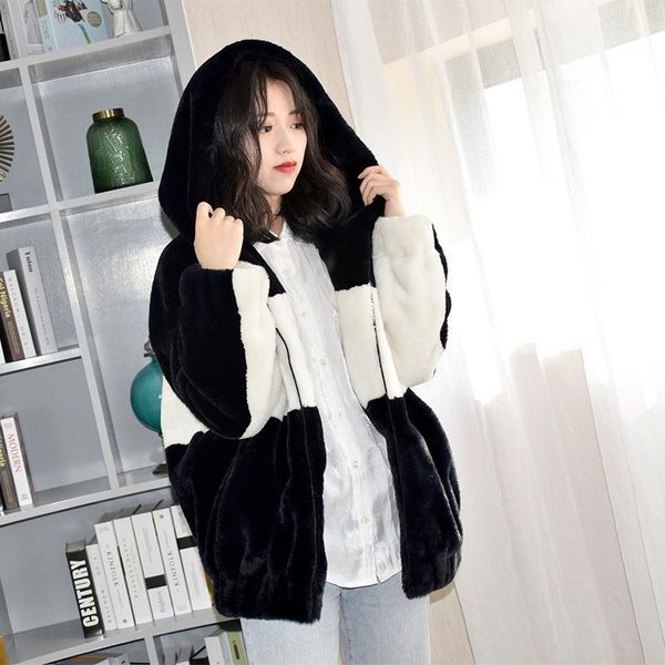 

women's fur & faux 2021 autumn and winter like cardigan zipper black white contrast warm hooded clothing