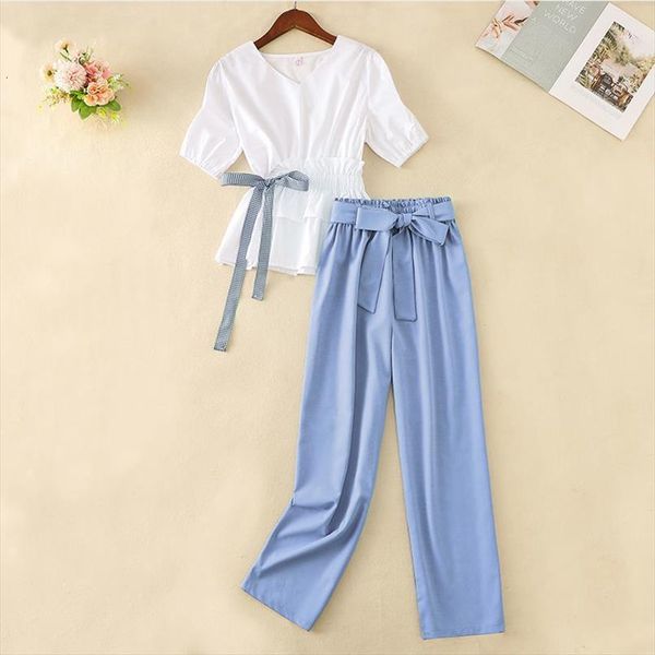 

clothing summer large size womenpant sets loose thin wide leg crop 2 piece female v neck t shirts office, White