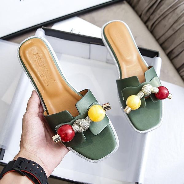 

summer slippers sandals women's fashion flat bottom all-match square head soft beaded open toe half, Black