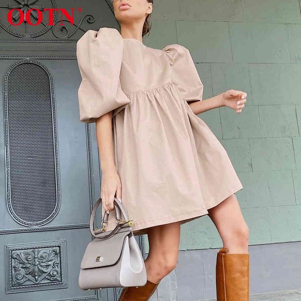 

2021ootn green o neck casual women dress lantern short sleeve solid pink mini dress ladies elegant a line summer dresses cotton 2021, Black;gray