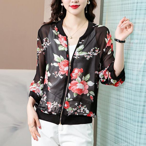 

women's jackets fashion summer chiffon flowers women retro outwear bomber long sleeve thin jacket woman female plus size basic sunscree, Black;brown