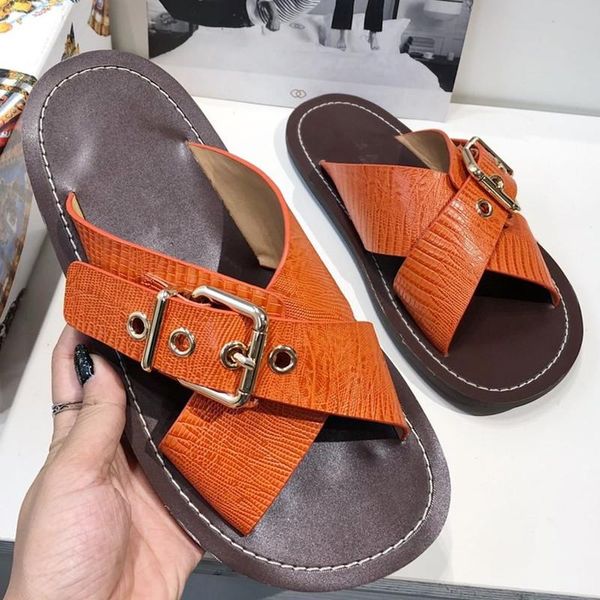 

slippers leather cross strappy women iron buckle decor summer slides, Black