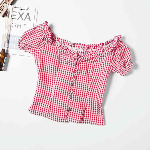 

summer lace up red plaid blouses woman vintage square neck corset white shirts ruffle korean puff sleeve ladies 210521