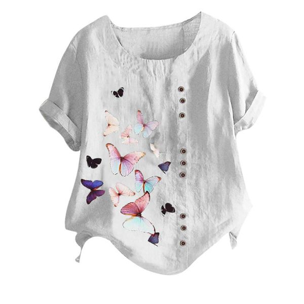 

blouses women casual plus size o-neck butterfly printed loose button cotton tunic shirt blouse streetwear women's & shirts, White