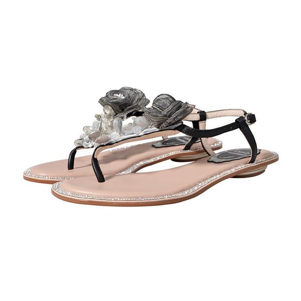 

summer deisgn flower crystal beach flip flops sandals women genuine leather sheepskin rhinestone studded luxury lady shoes slippers, Black