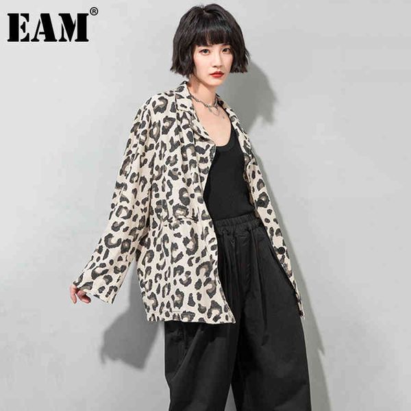 

[eam] women linen leopard big size thin blazer lapel long sleeve loose fit jacket fashion spring autumn 1dd834 210512, White;black