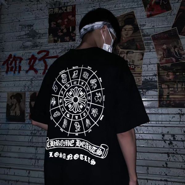 

t shirt ch crosin overseas 12 constellations reflective back large print loose short sleeve for men and women, White;black